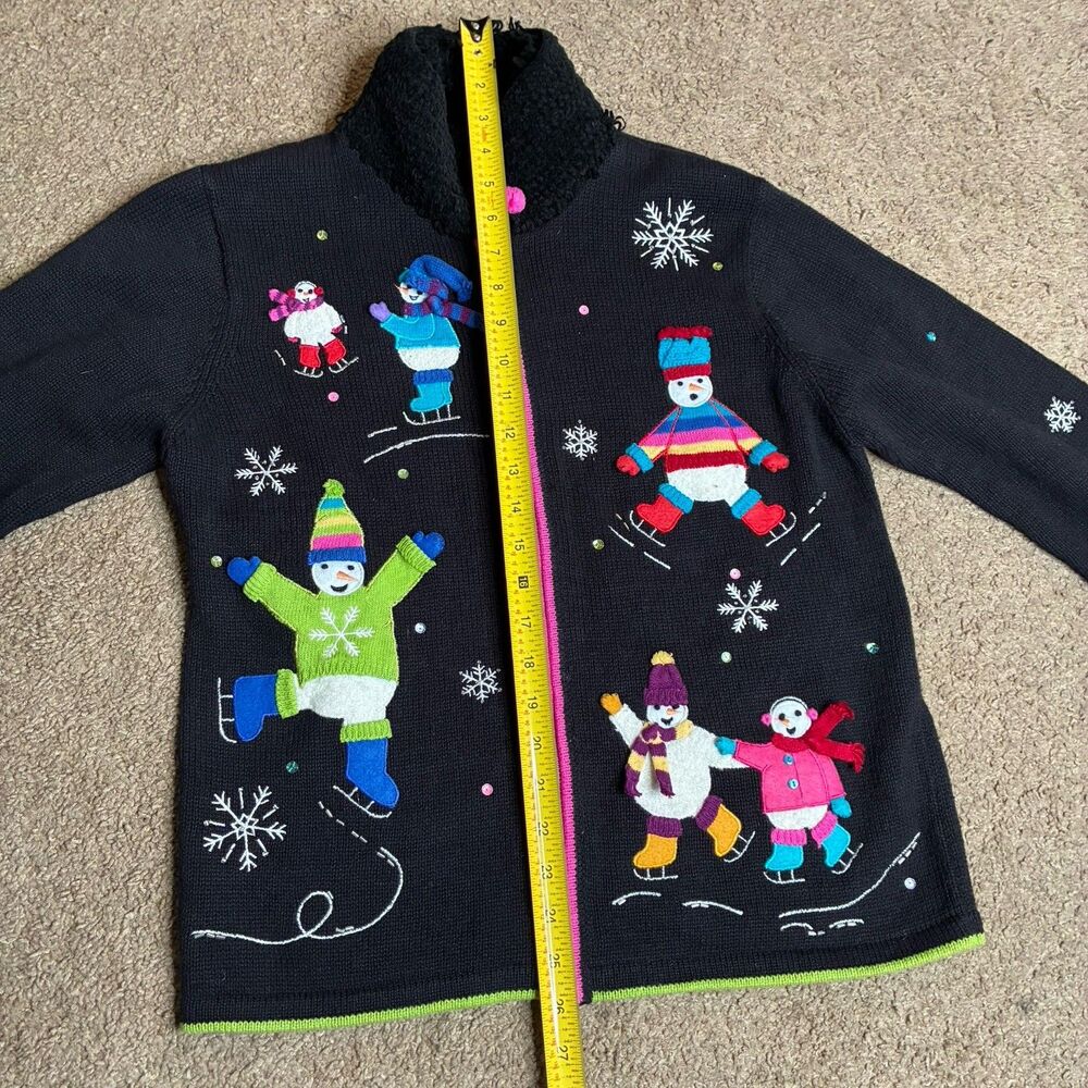 Karen Scott Sport Womens Petite Black Christmas Snowman Holiday Sweater Vtg - Picture 3 of 15